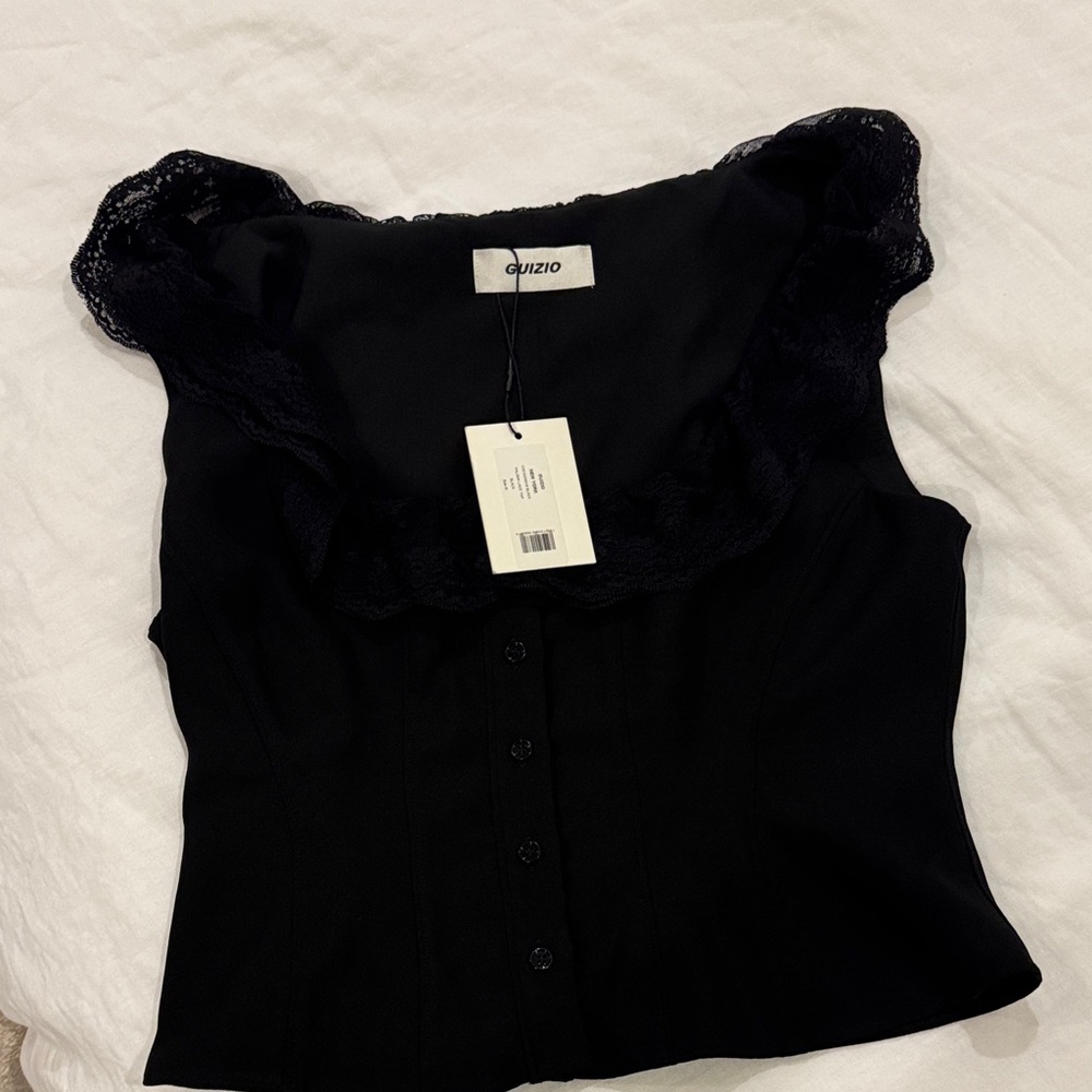 Guizio Black Paloma Lace Trim Button Front Top